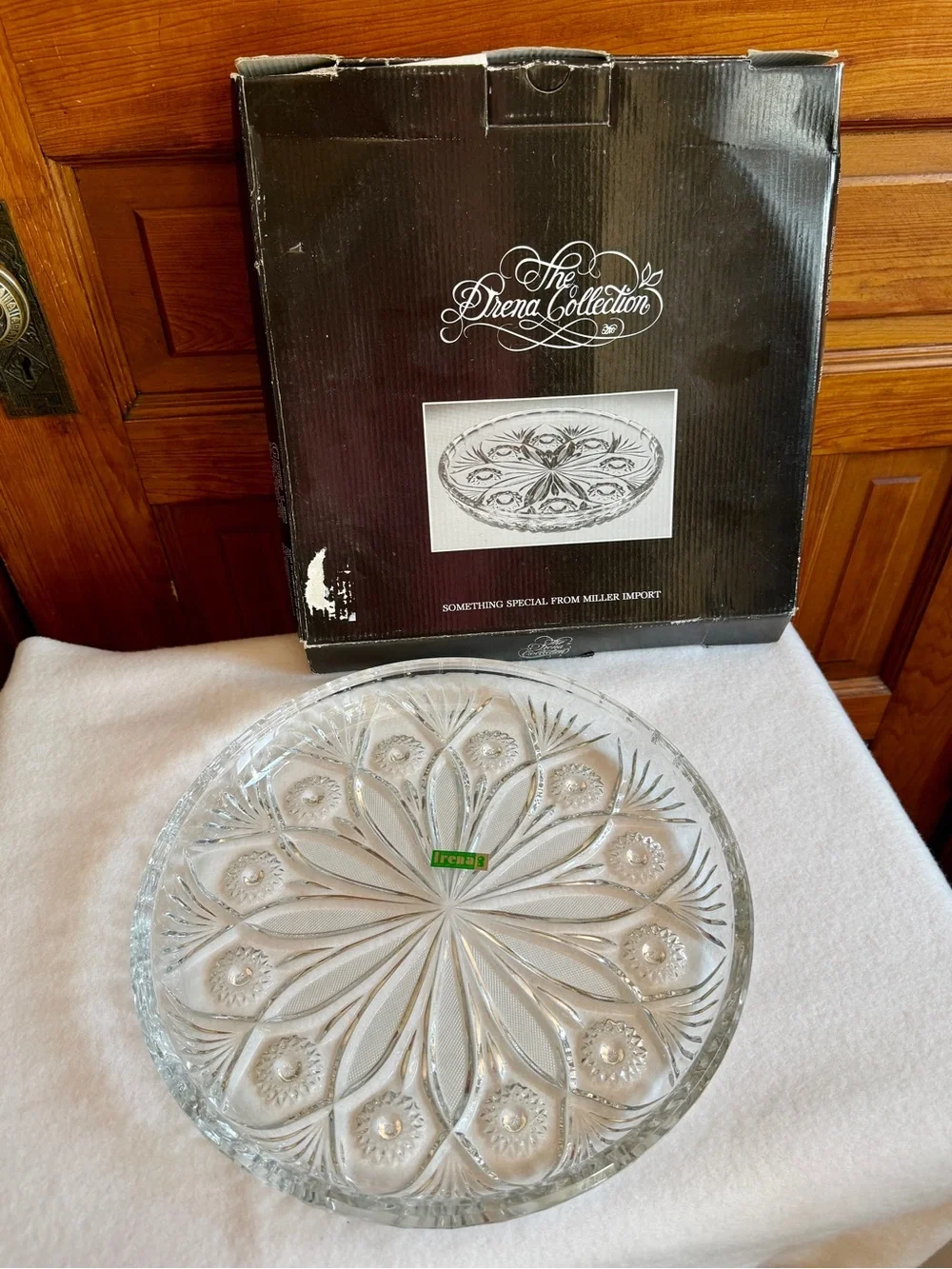 Irena Poland 24% Lead Crystal Serving Platter 12” Round Floral Cut Glass w/ Box